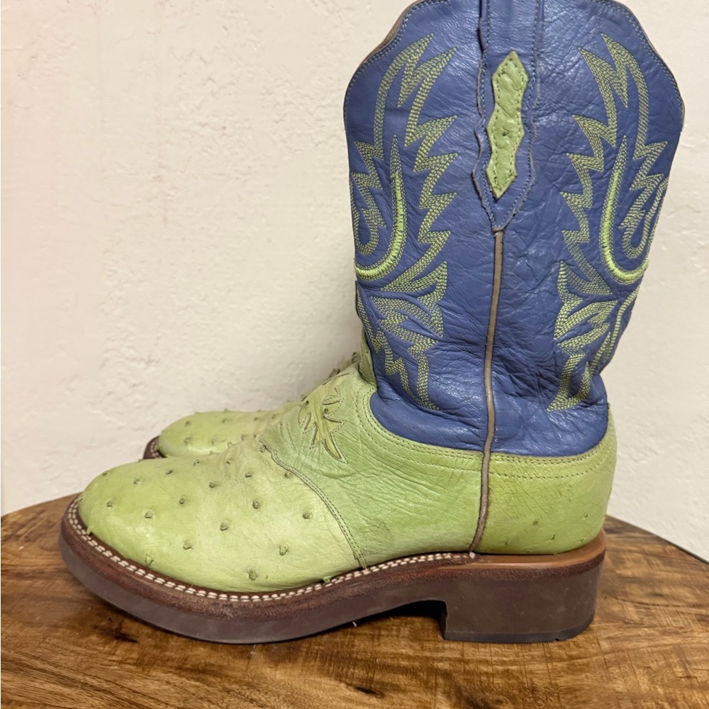 Ladies Lucchese Two-Tone Blue and Lime Green Ostrich Leather Western Boots 9.5 M
